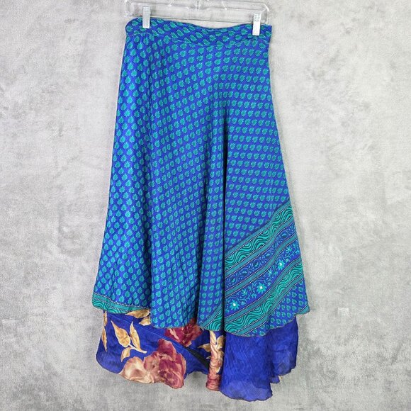 Womens Vintage Reversible Blue Indian 100% Silk Wrap Skirt Floral Print One Size - Picture 3 of 9
